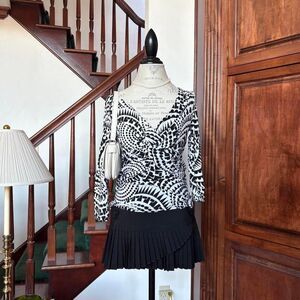 Funky Multi Print Black and White Blouse Wrap Top V Neck Polka Dot Swirl